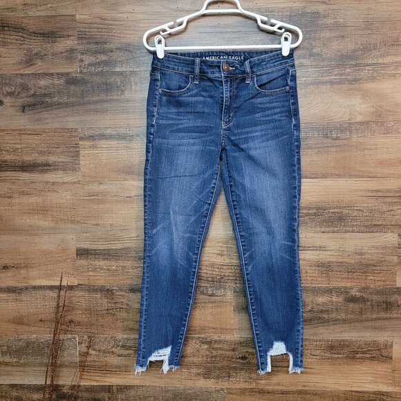 American Eagle Jeans 8 R Next Level Stretch Jegging Crop Medium Dark Wash Ripped - Picture 1 of 11